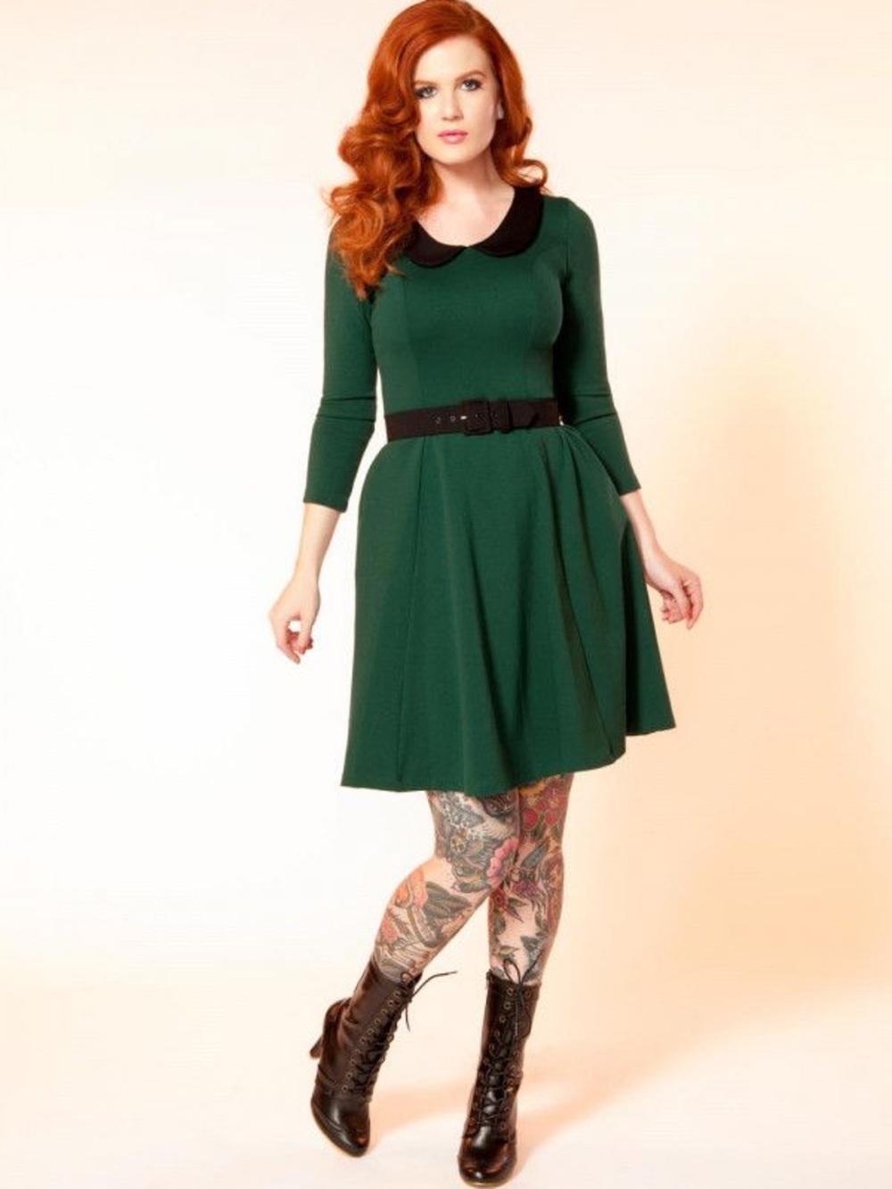 Pinup Couture PUG Green Madison Dress with Black Peter Pan Collar and Belt